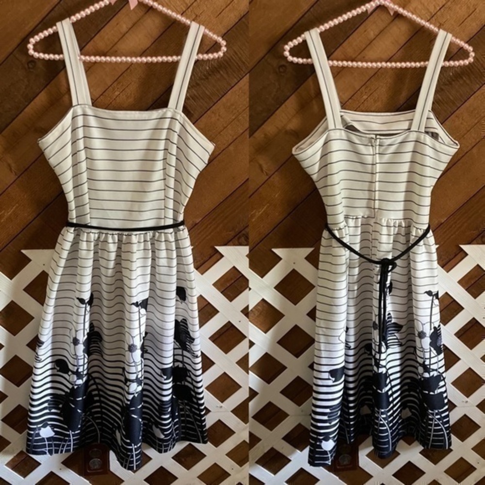 Vintage black and white striped floral sundress with belt tie